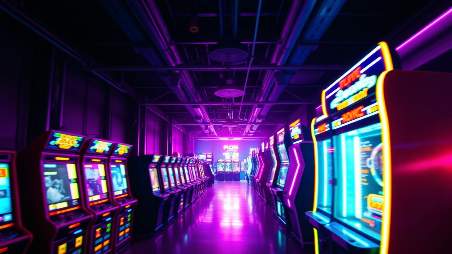 Neon arcade hall filled with glowing cabinets