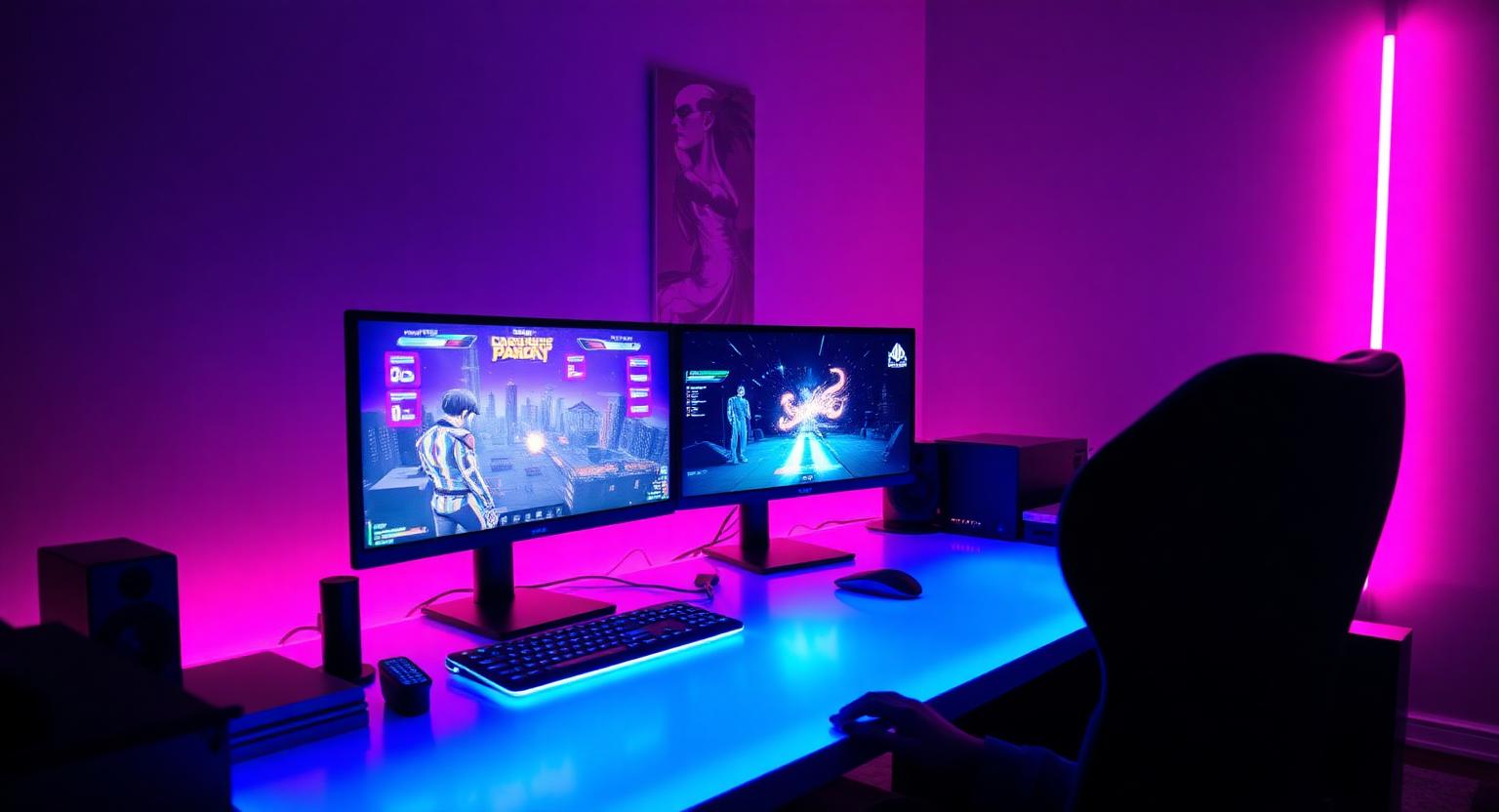 Game developer working at a glowing dual-monitor desk at night