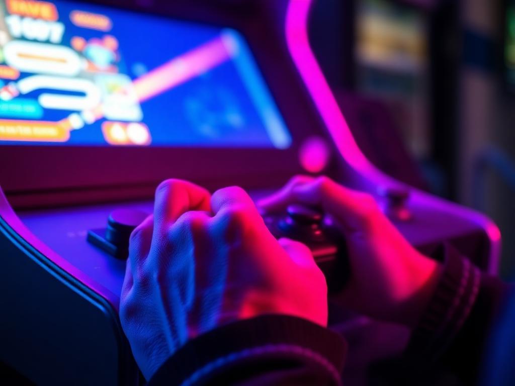 Hands on a controller lit by an arcade screen