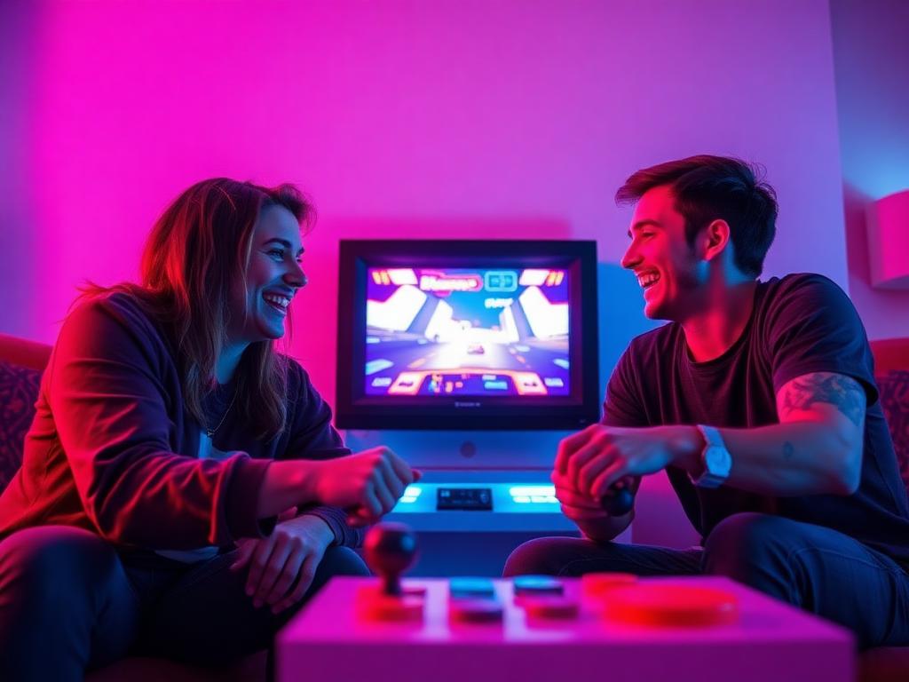 Two friends laughing while playtesting a fast arcade game