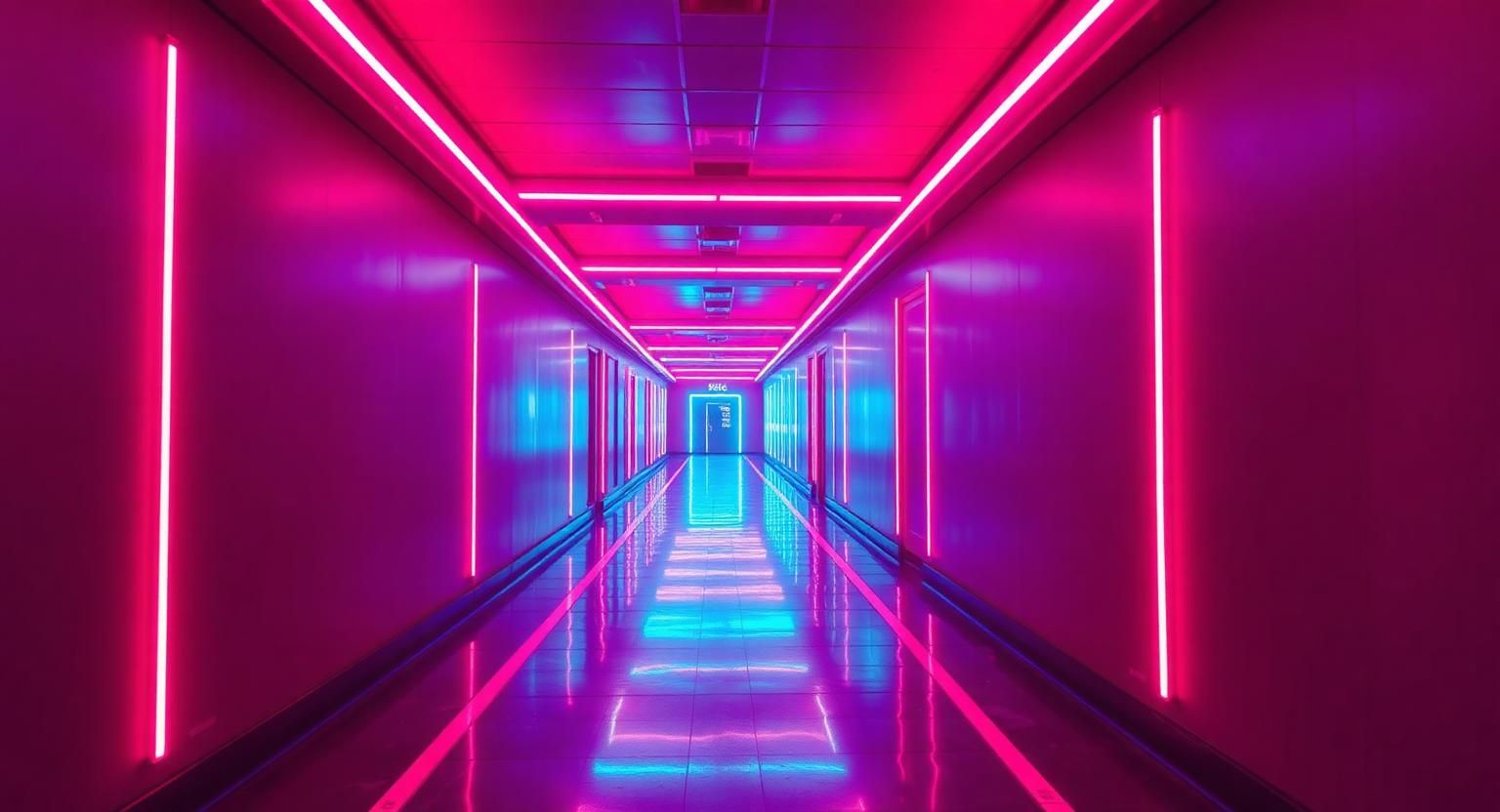 Neon arcade corridor receding into the distance