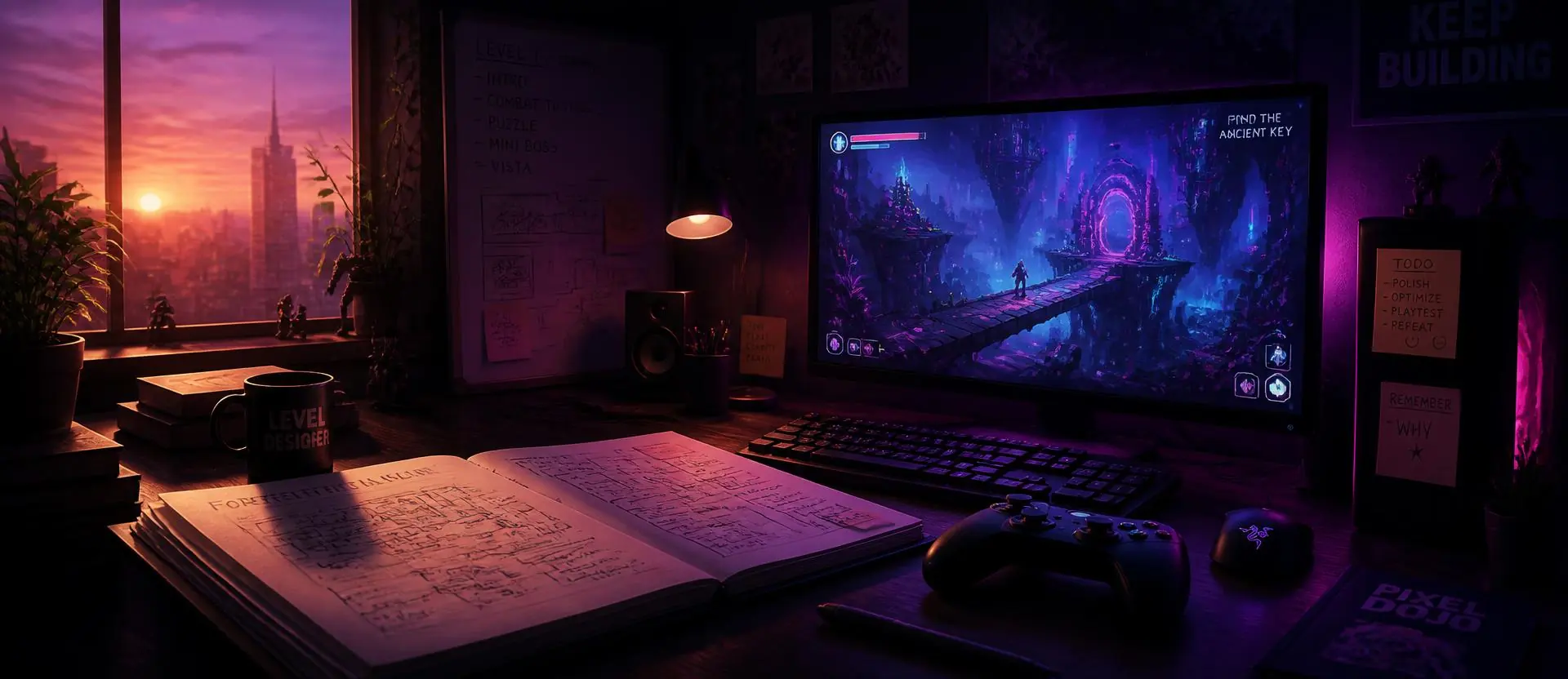 Game developer desk at violet golden hour with a gamepad, level sketches and a glowing game world on screen