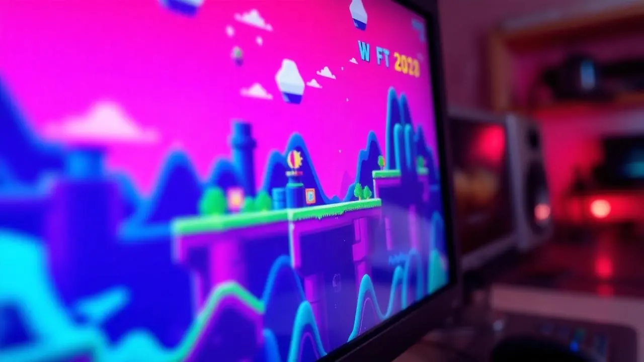 Colorful 2D platformer level running on a game developer's monitor