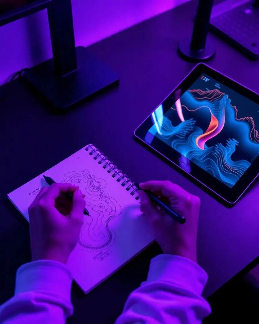 Designer sketching level maps and wave diagrams under violet desk light