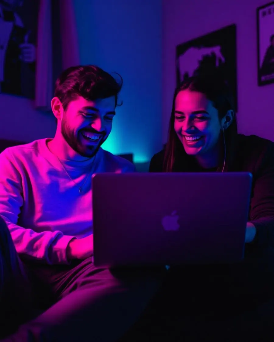 Two friends playtesting a browser game on a laptop and laughing