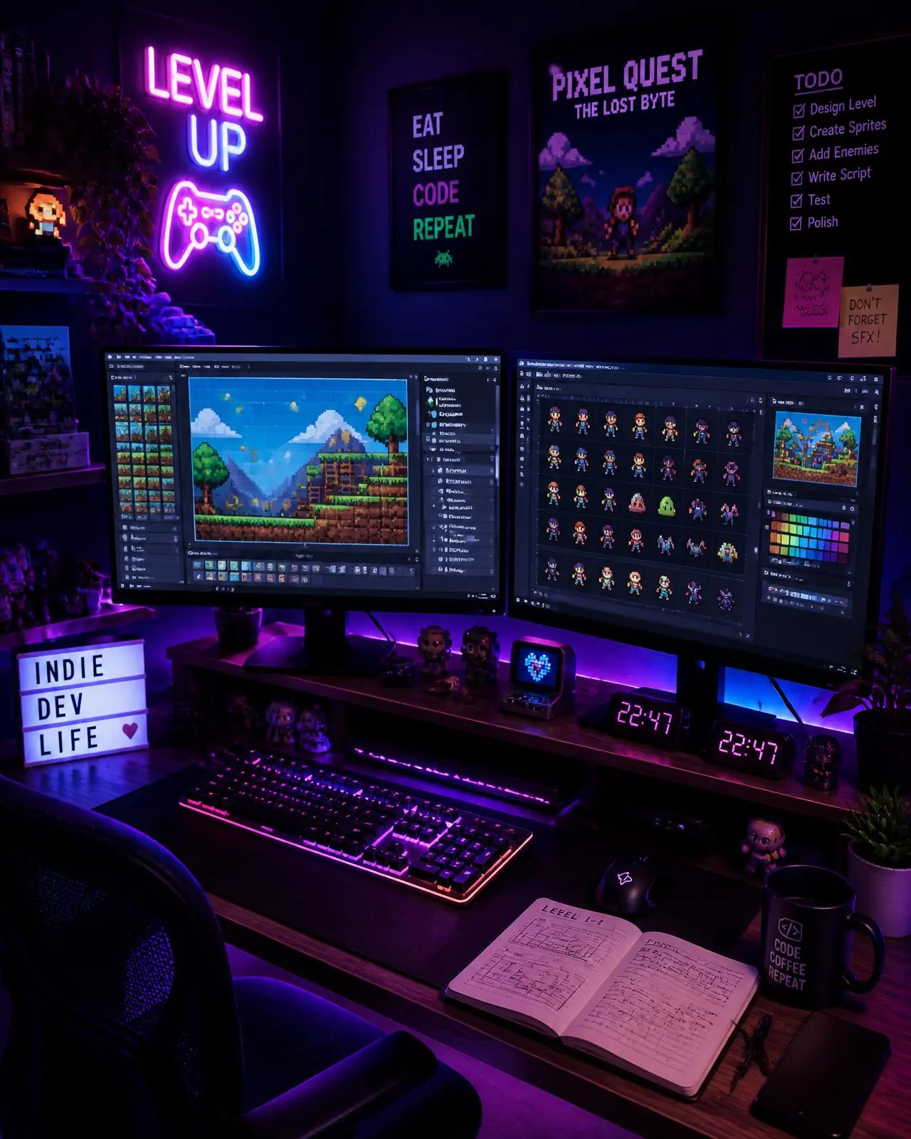 Neon-lit indie game developer desk with a 2D platformer level editor and sprite sheets on dual monitors