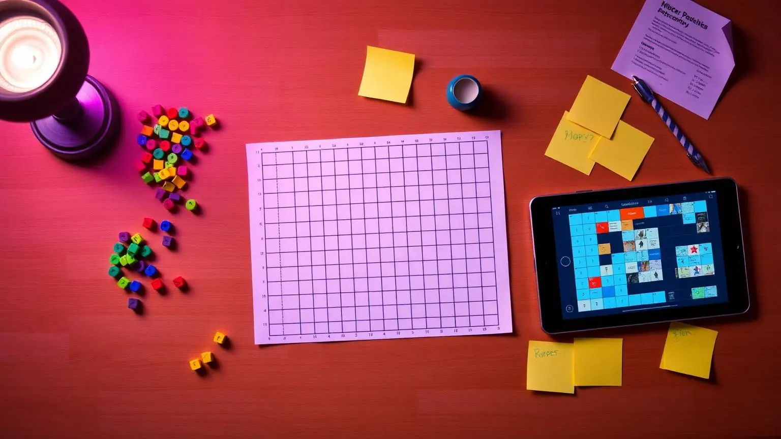 Puzzle design table with grid paper, tokens and a tablet