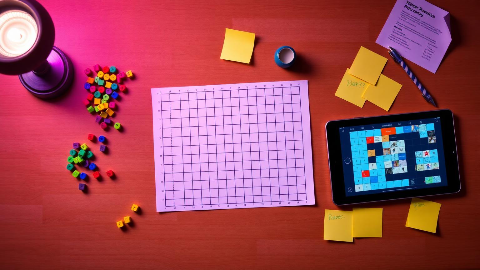 Puzzle design table with grid paper, tokens and a tablet