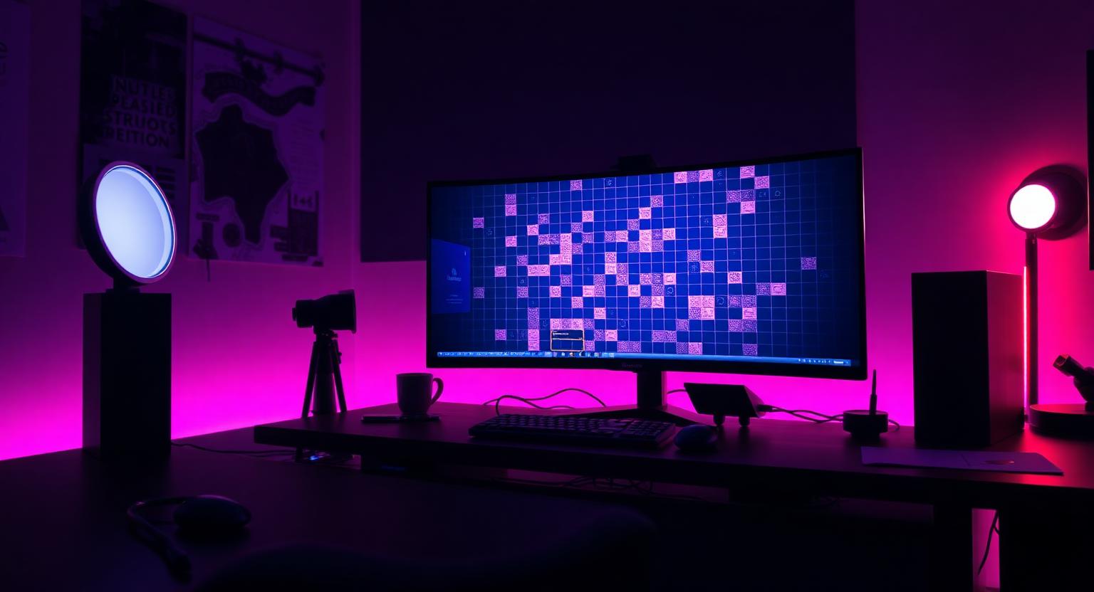 Designer's desk at night with a puzzle game on a large monitor