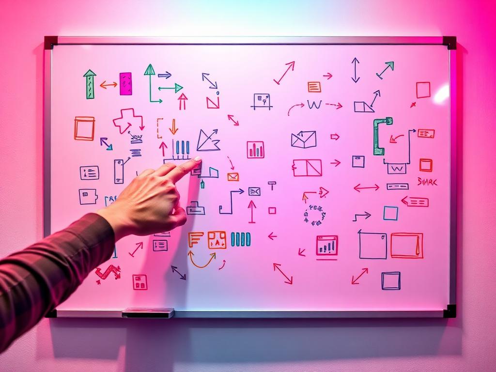 Whiteboard covered in puzzle level sketches and arrows