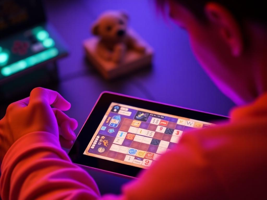 Player concentrating on a strategy puzzle game on a tablet
