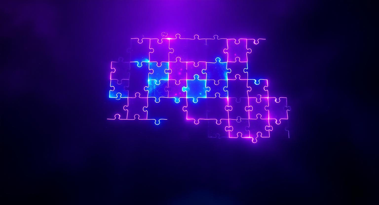 Glowing interlocking puzzle shapes floating in dark violet space
