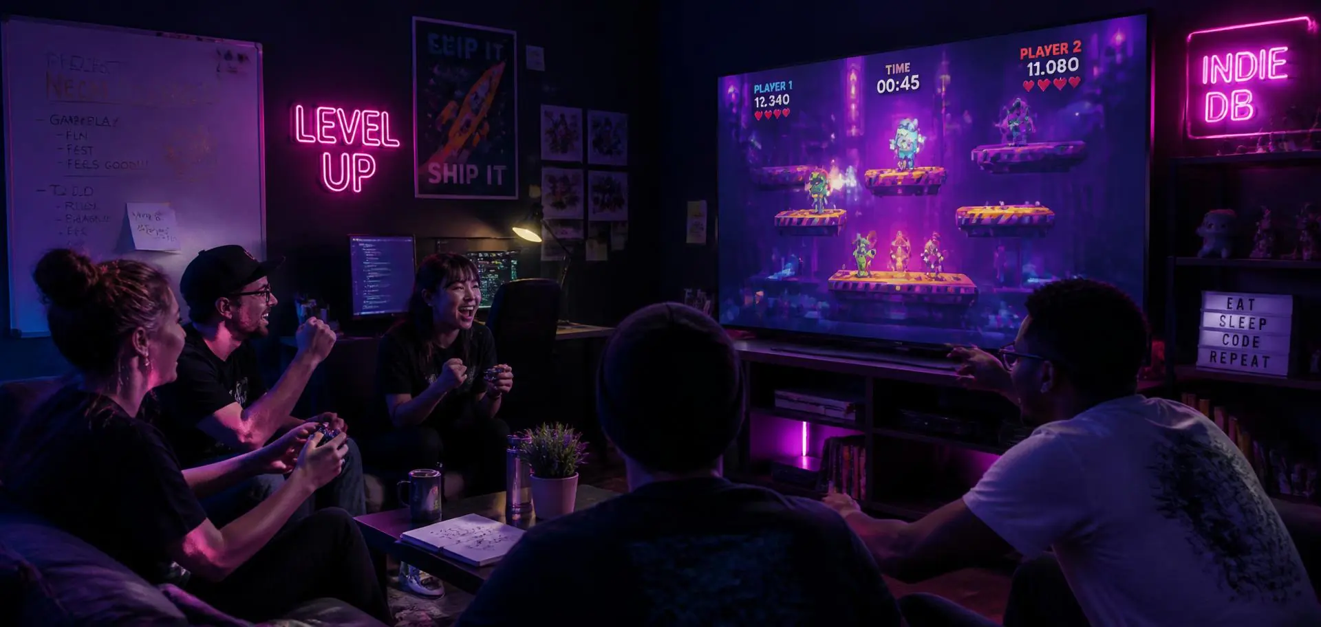 Indie studio team playtesting a colorful arcade game on a big screen under neon light