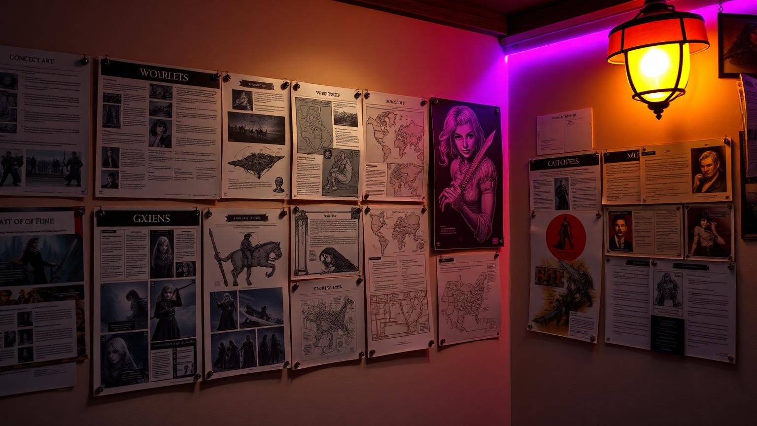 Wall of game concept art, world maps and story beats