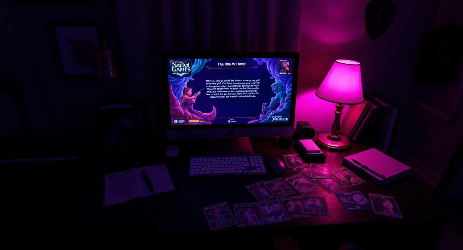 Writer's desk at night with a narrative game on screen and story cards