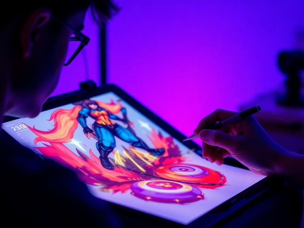 Artist sketching a game character on a drawing tablet