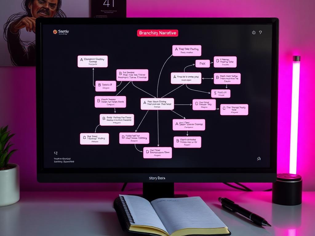 Branching narrative flowchart with dialogue nodes on a monitor