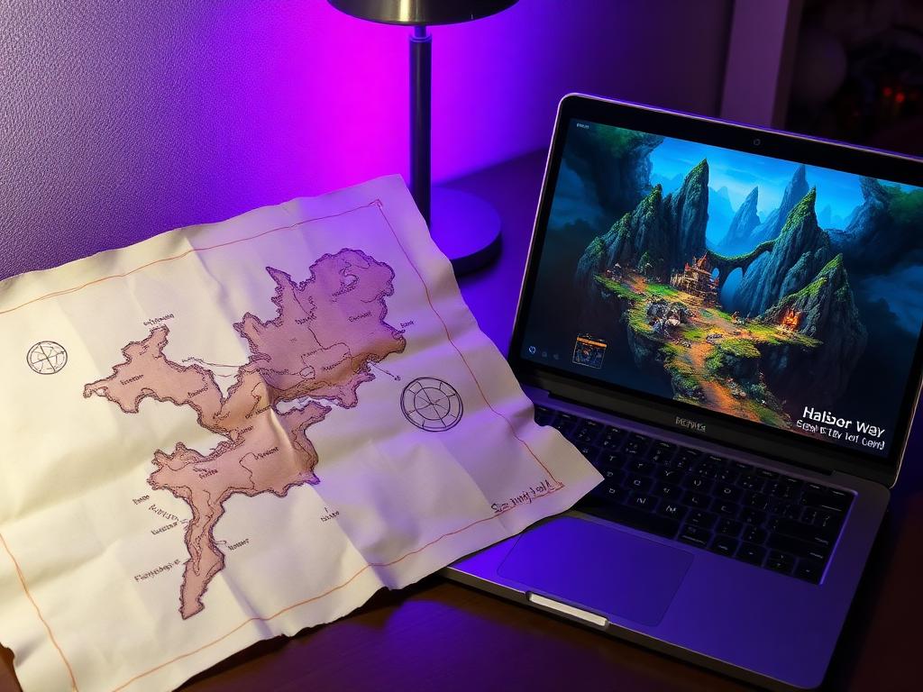 Hand-drawn fantasy map beside a laptop showing the same world in-game