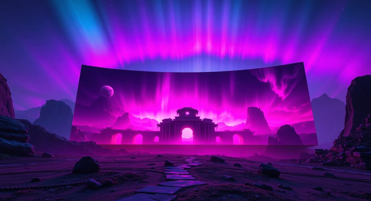 Dramatic fantasy game landscape with glowing ruins under a violet sky